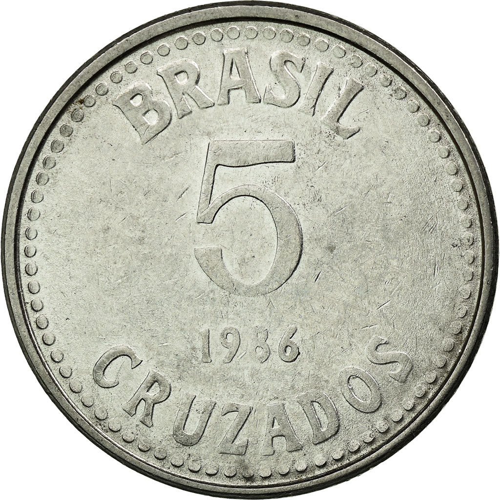 Moneda, Brasil, 5 Cruzados, 1986, MBC, Acero inoxidable, KM:606