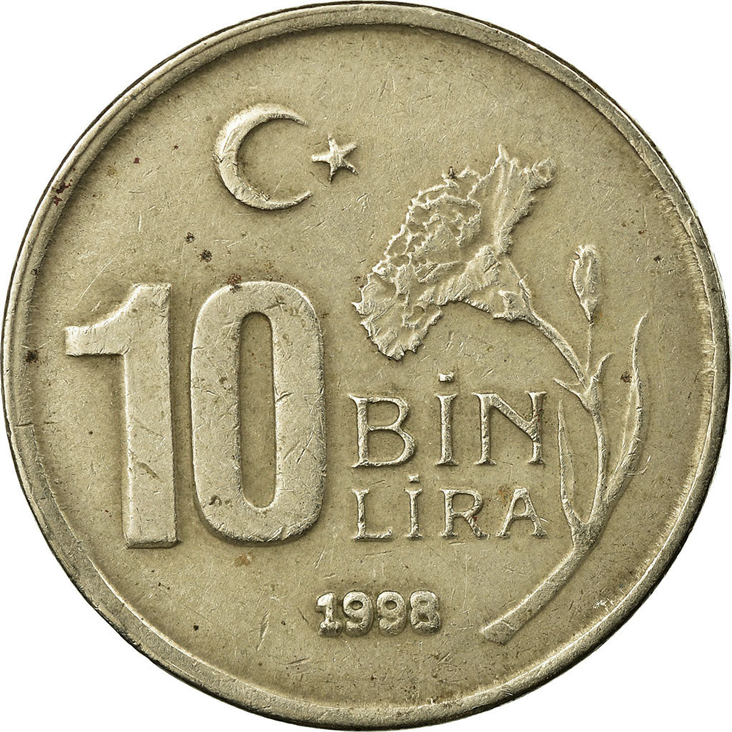 Moneda, Turquía, 10000 Lira, 10 Bin Lira, 1998, BC+, Cobre - níquel - cinc