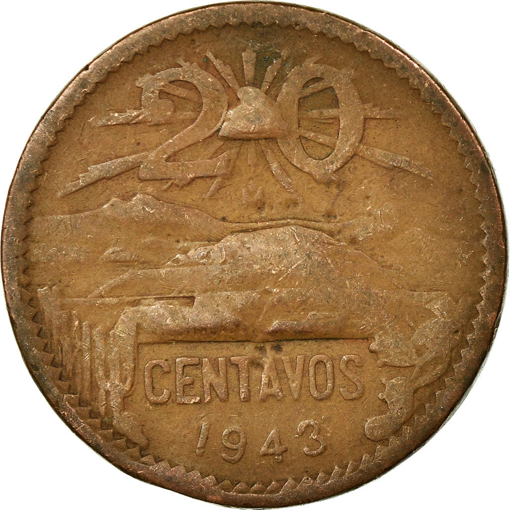Moneta, Mexico, 20 Centavos, 1943, Mexico City, VF(20-25), Bronze, KM:439