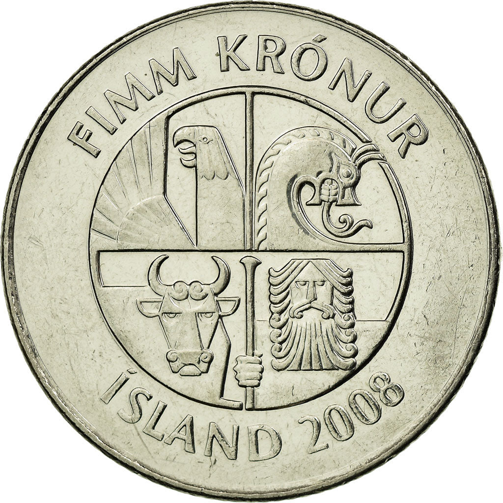 Coin, Iceland, 5 Kronur, 2008, AU(55-58), Nickel plated steel, KM:28a