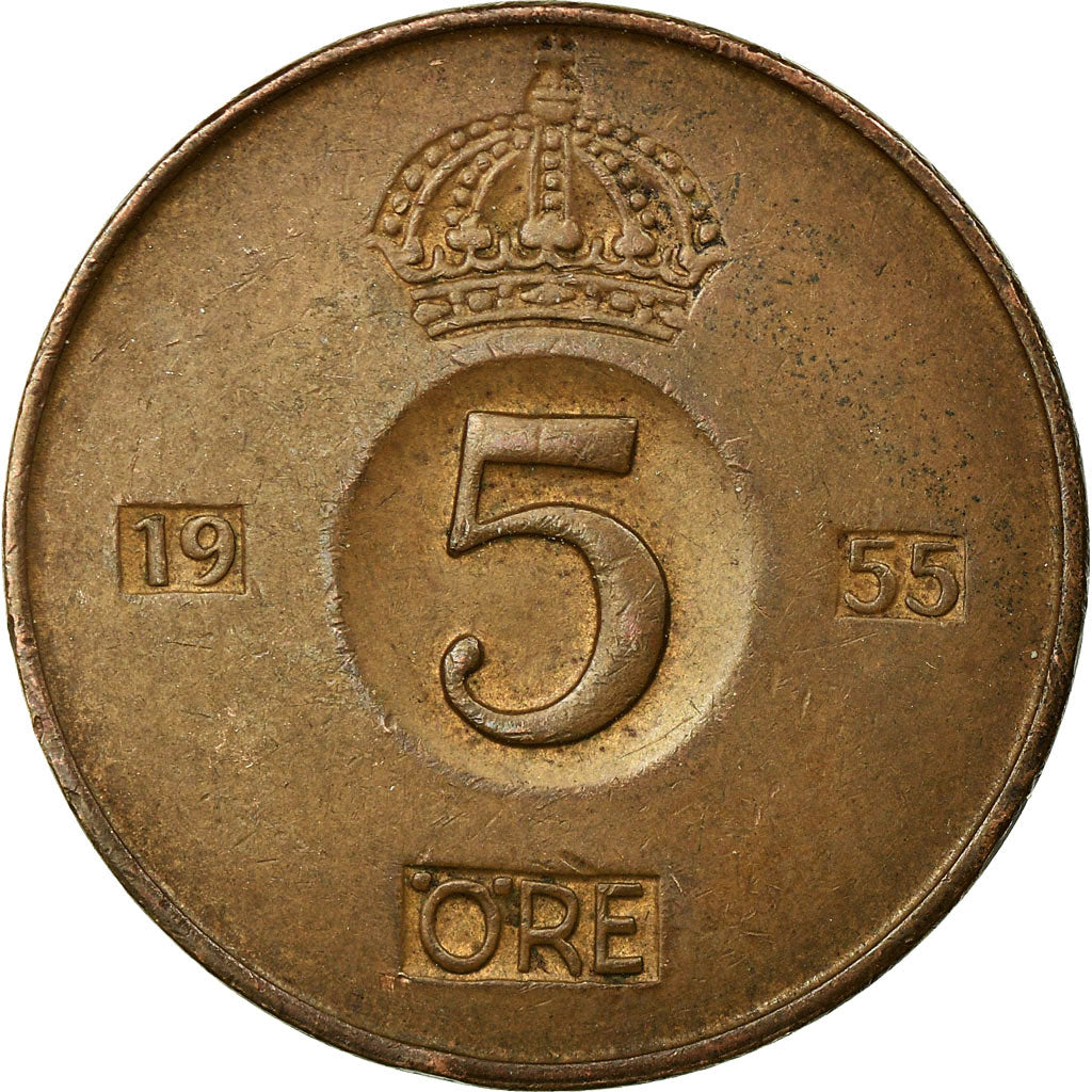 Moeda, Suécia, Gustaf VI, 5 Öre, 1955, EF(40-45), Bronze, KM:822