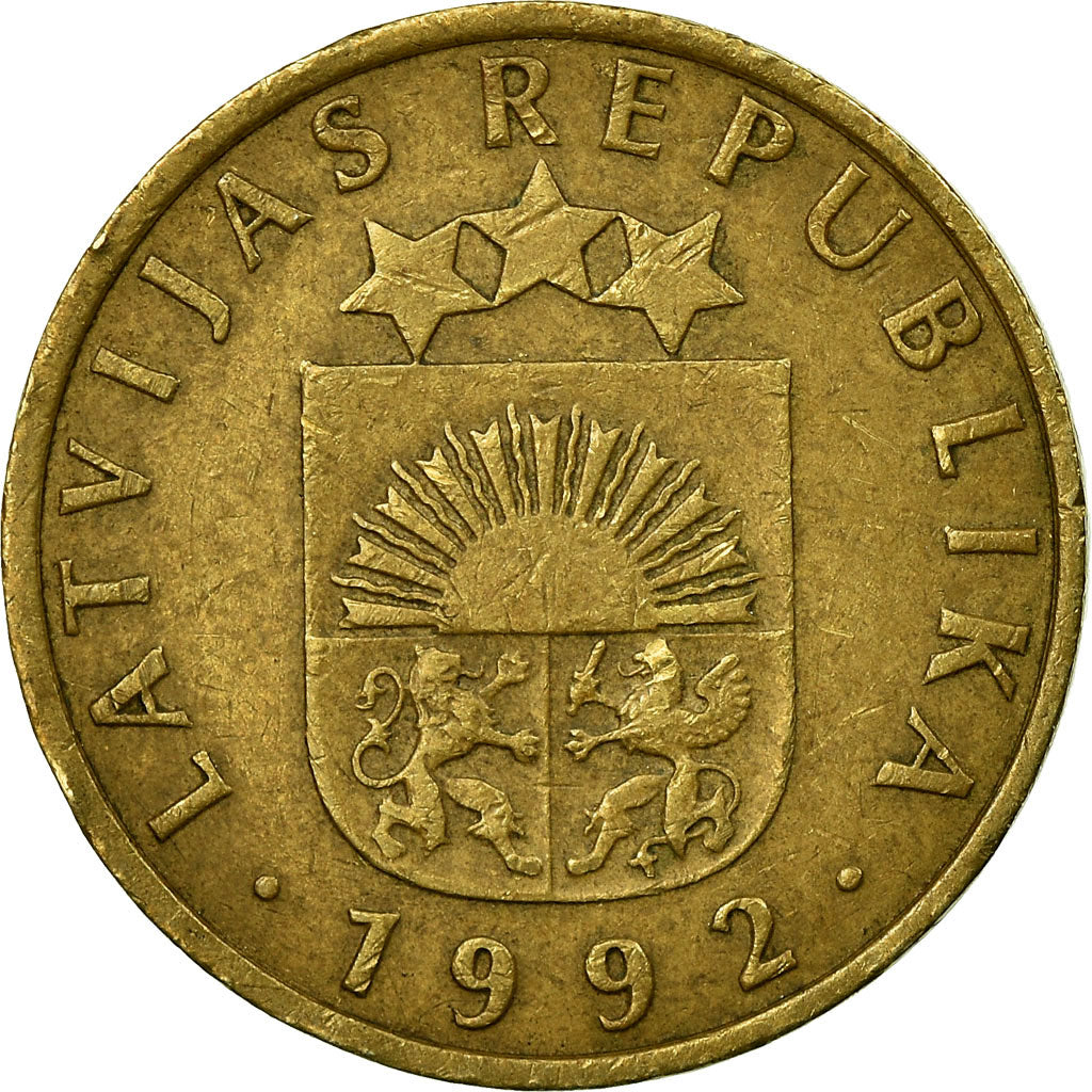 Moneta, Lettonia, 5 Santimi, 1992, MB+, Nichel-ottone, KM:16