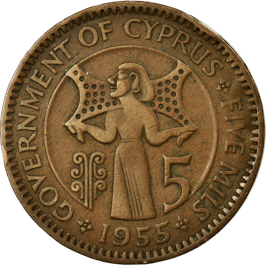 Coin, Cyprus, 5 Mils, 1955, VF(30-35), Bronze, KM:34
