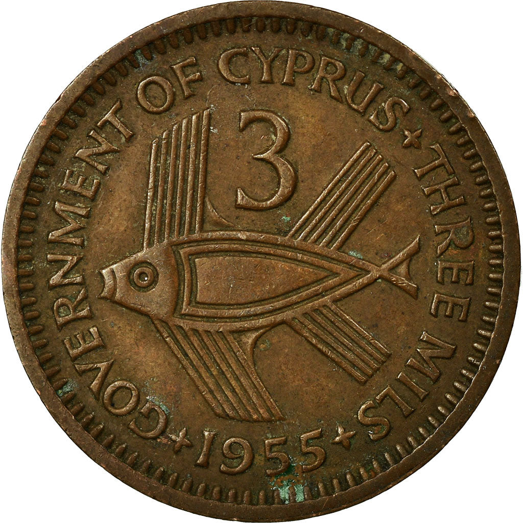 Moneda, Chipre, 3 Mils, 1955, MBC, Bronce, KM:33