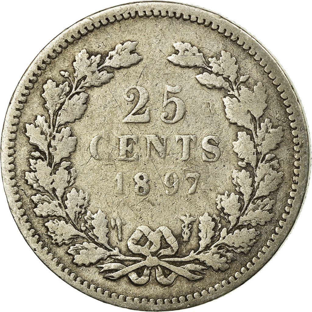 Moneda, Países Bajos, Wilhelmina I, 25 Cents, 1897, BC+, Plata, KM:115