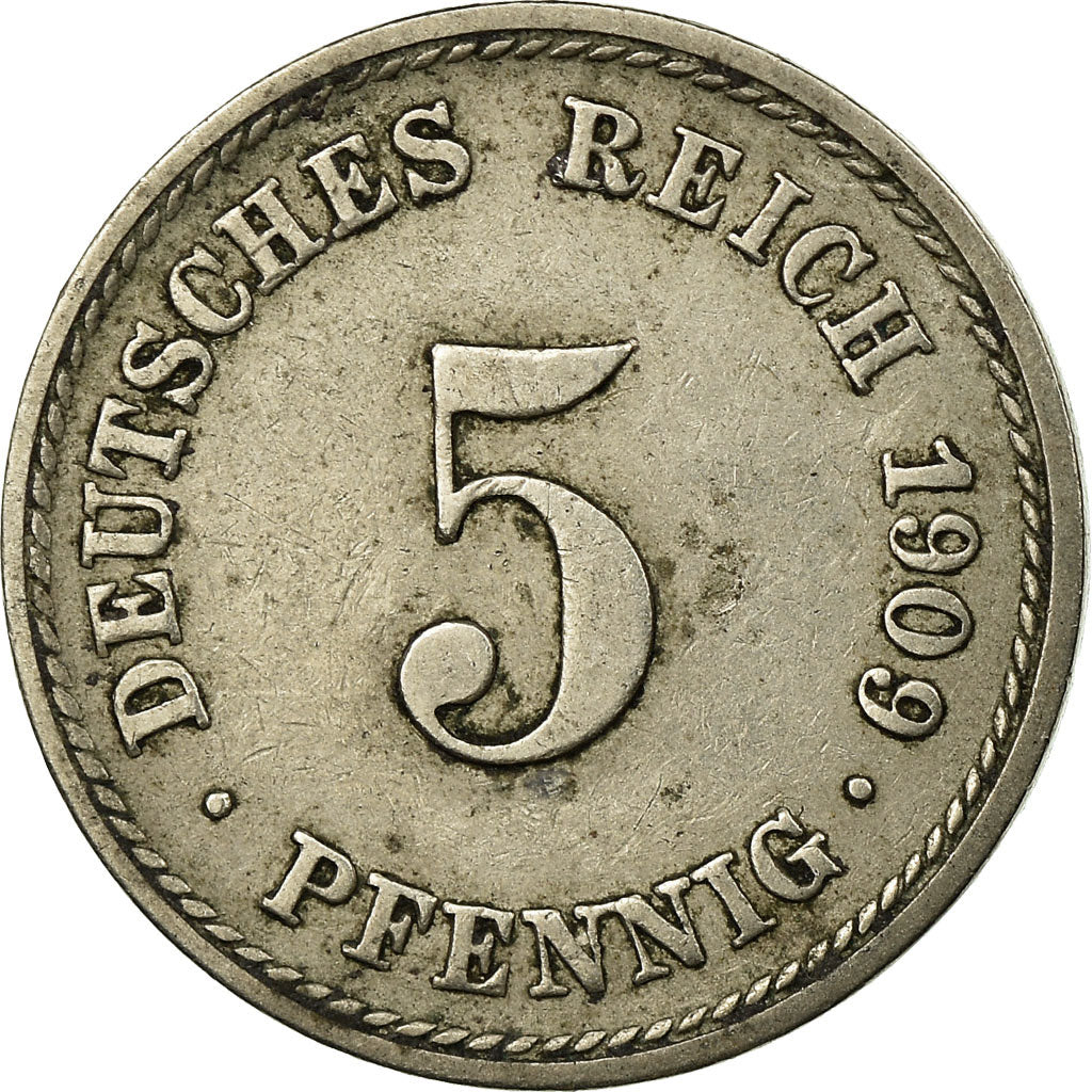 Moneta, NIEMCY - IMPERIUM, Wilhelm II, 5 Pfennig, 1909, Stuttgart, VF(30-35)