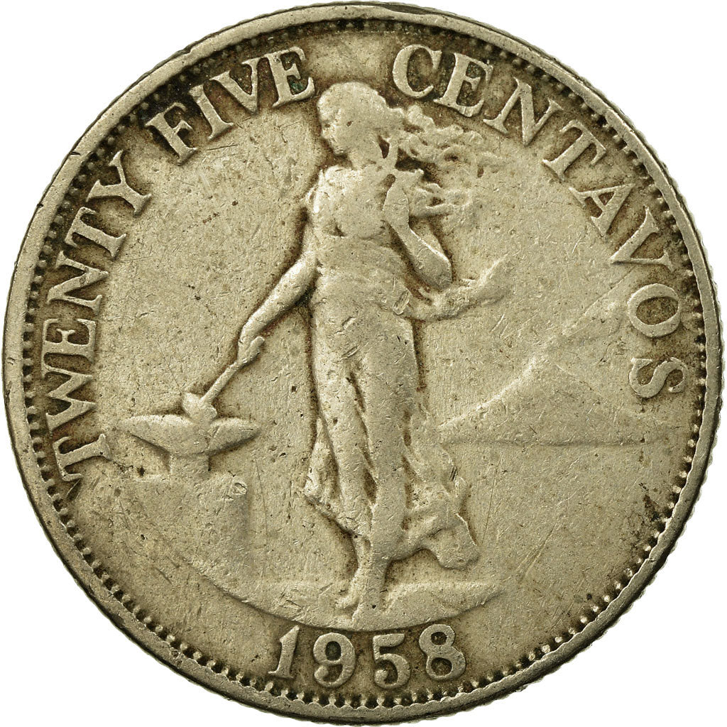 Moneta, Filippine, 25 Centavos, 1958, MB+, Rame-nichel-zinco, KM:189.1