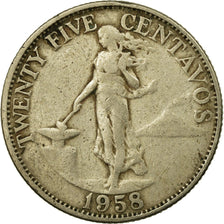 Moneta, Filippine, 25 Centavos, 1958, MB+, Rame-nichel-zinco, KM:189.1