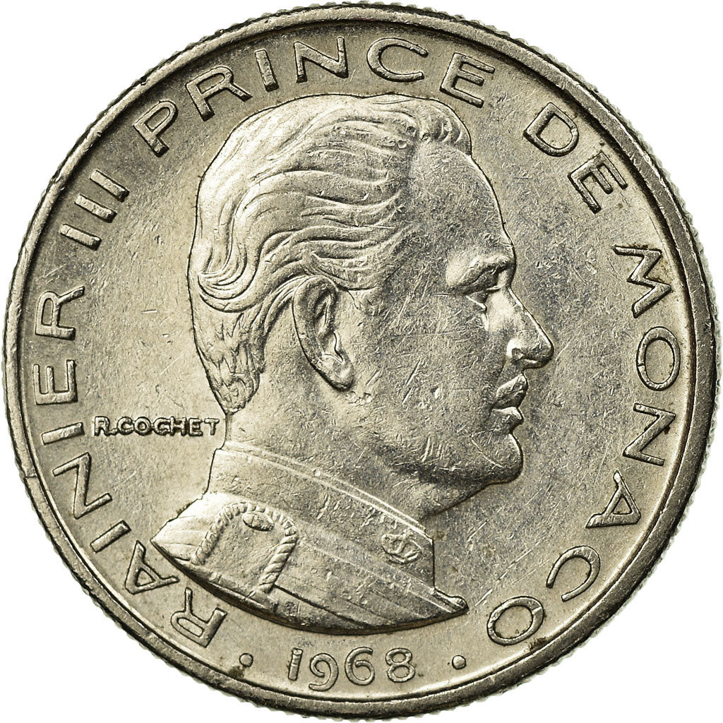 Coin, Monaco, Rainier III, 1/2 Franc, 1968, EF(40-45), Nickel, KM:145