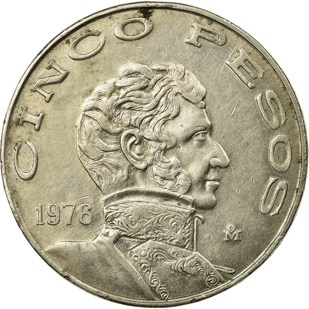 Moneta, Mexico, 5 Pesos, 1976, Mexico City, EF(40-45), Miedź-Nikiel, KM:472