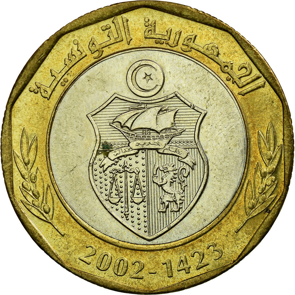 Moneta, Tunisia, 5 Dinars, 2002, Paris, BB, Bi-metallico, KM:444