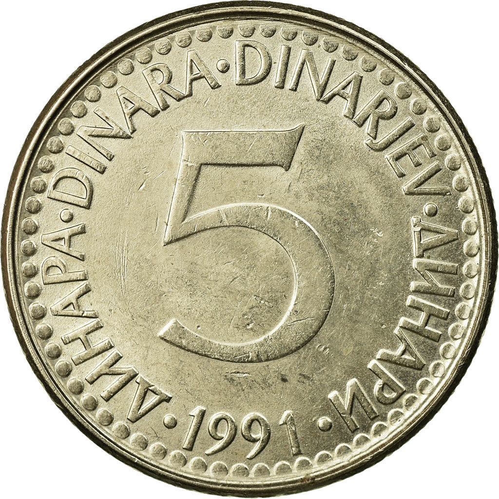 Moeda, Jugoslávia, 5 Dinara, 1991, EF(40-45), Cobre-Níquel-Zinco, KM:144