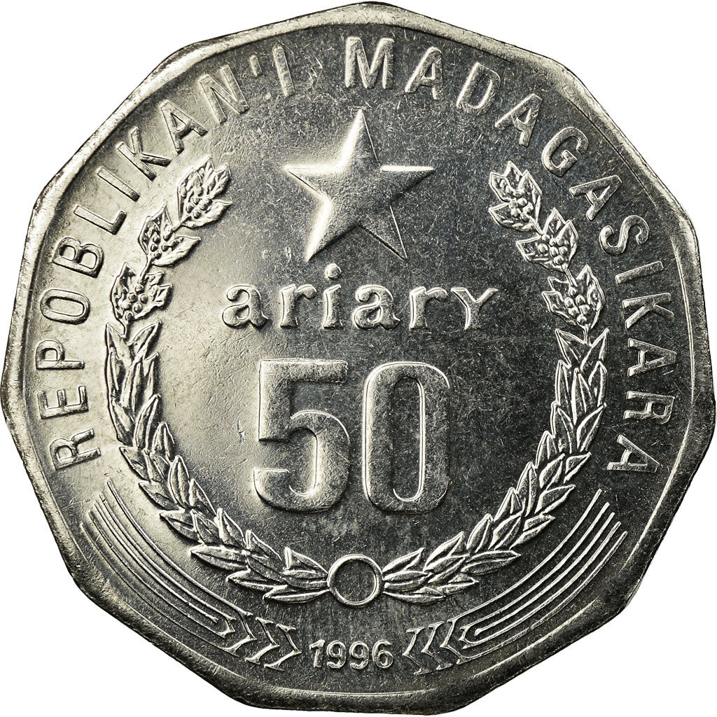 Coin, Madagascar, 50 Ariary, 1996, Paris, EF(40-45), Stainless Steel, KM:25.1