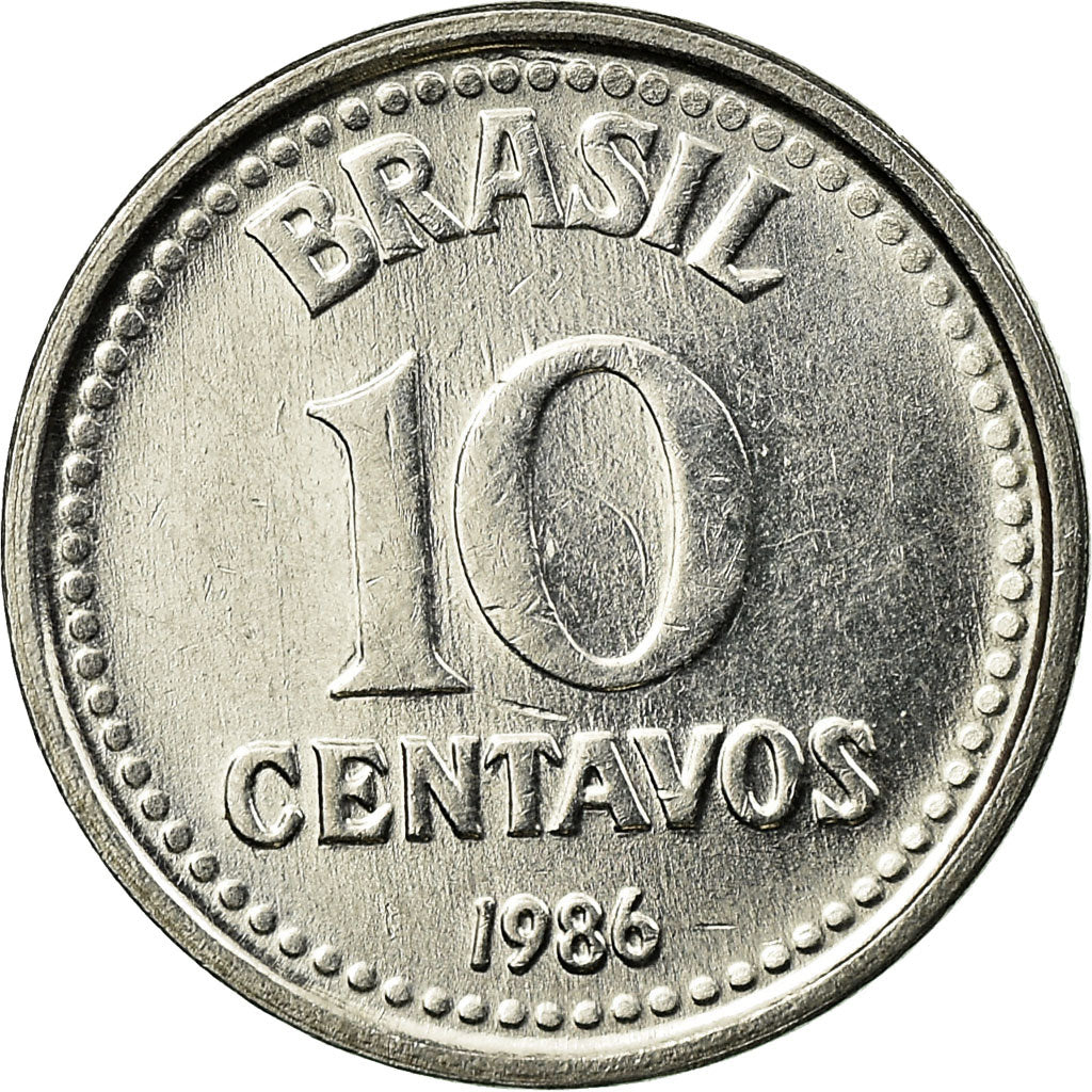 Moneda, Brasil, 10 Centavos, 1986, MBC, Acero inoxidable, KM:602