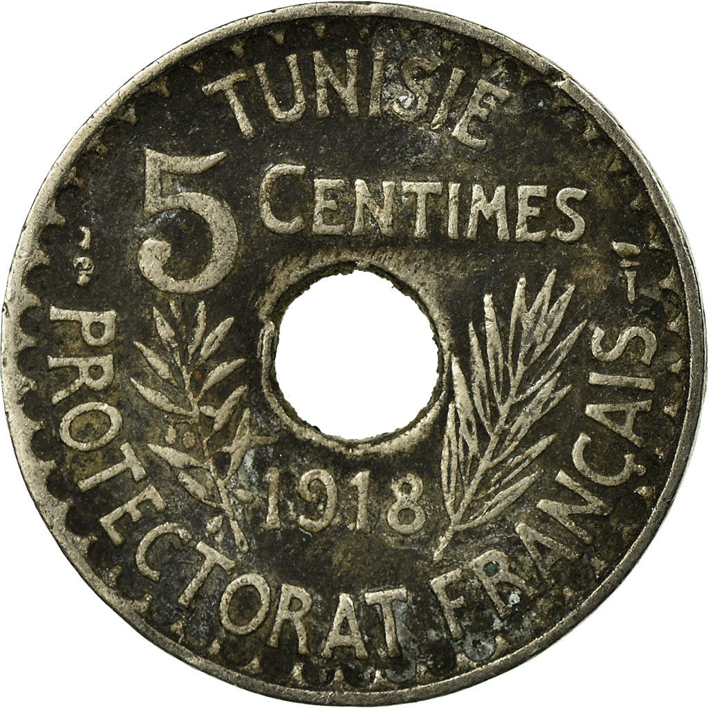 Coin, Tunisia, Muhammad al-Nasir Bey, 5 Centimes, 1918, Paris, VF(20-25)
