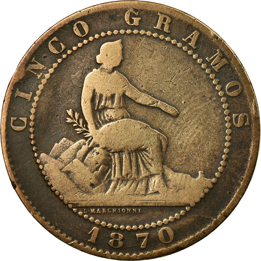 Moneda, España, Provisional Government, 5 Centimos, 1870, BC+, Cobre, KM:662