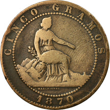 Moneda, España, Provisional Government, 5 Centimos, 1870, BC+, Cobre, KM:662