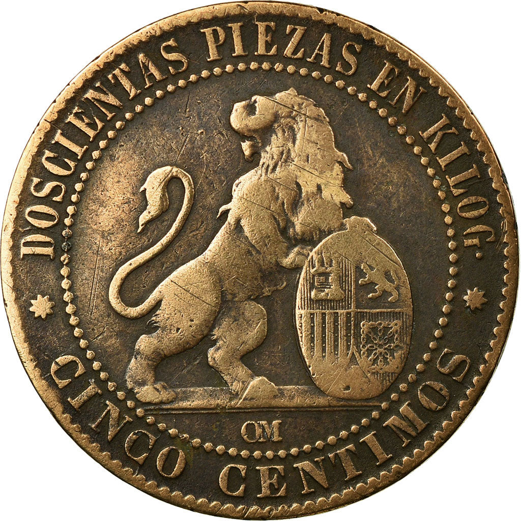 Moneda, España, Provisional Government, 5 Centimos, 1870, BC+, Cobre, KM:662