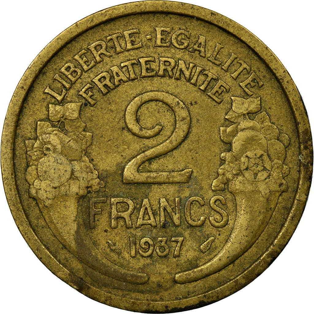 Moneda, Francia, Morlon, 2 Francs, 1937, Paris, MBC, Aluminio - bronce, KM:886