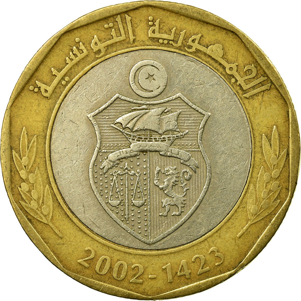 Coin, Tunisia, 5 Dinars, 2002, Paris, EF(40-45), Bi-Metallic, KM:444