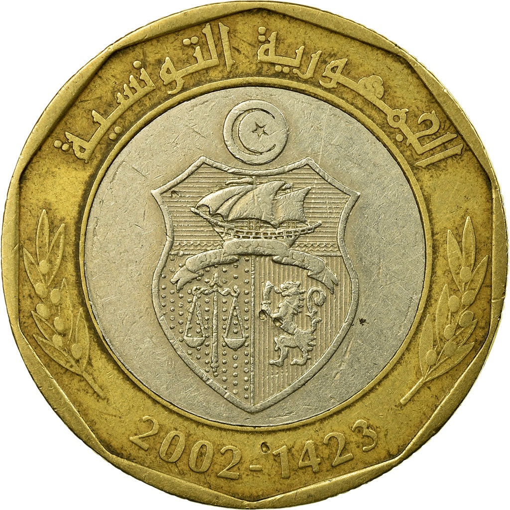 Moneta, Tunisia, 5 Dinars, 2002, Paris, BB, Bi-metallico, KM:444