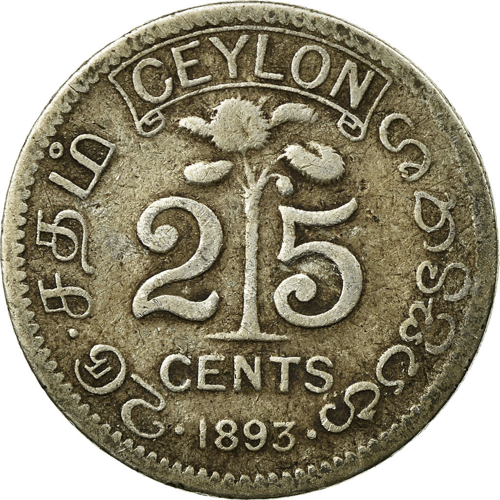 Coin, Ceylon, Victoria, 25 Cents, 1893, VF(30-35), Silver, KM:95