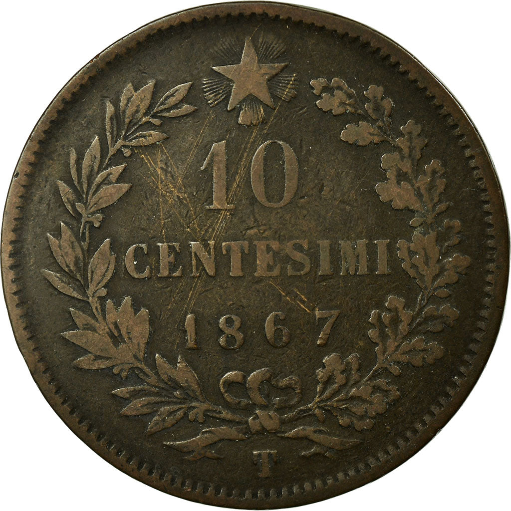 Monnaie, Italie, Vittorio Emanuele II, 10 Centesimi, 1867, Torino, TB+, Cuivre