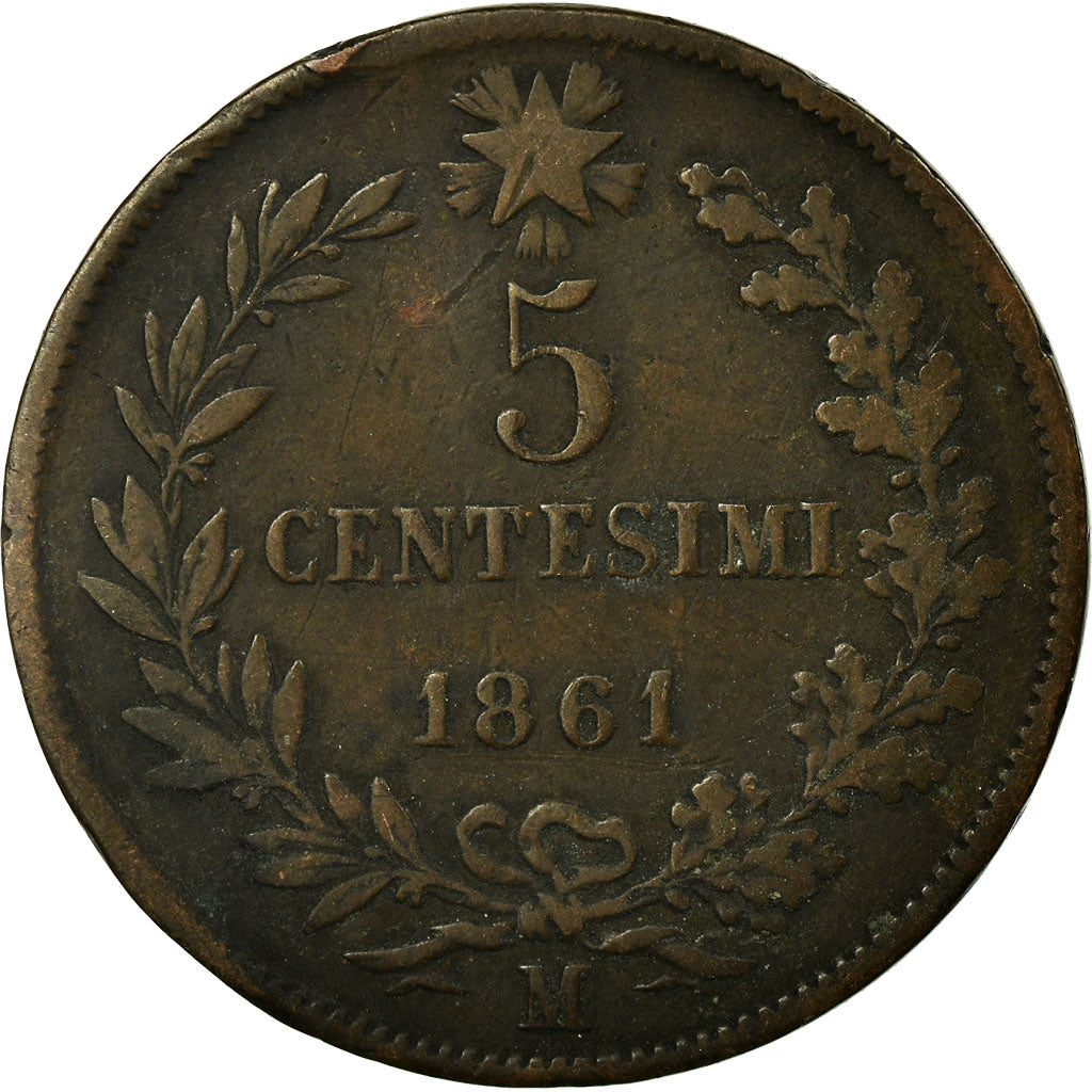 Moneda, Italia, Vittorio Emanuele II, 5 Centesimi, 1861, Milan, BC+, Cobre