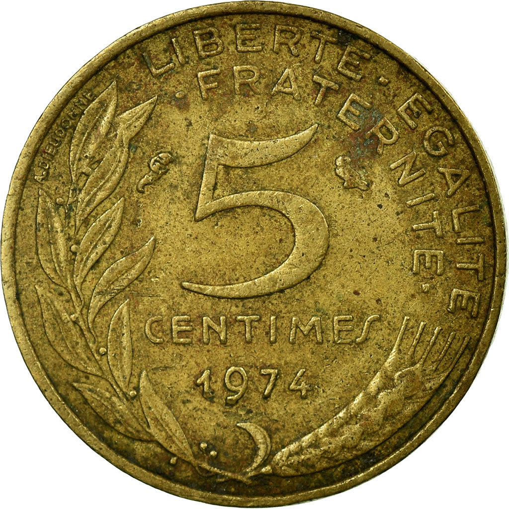 Moneda, Francia, Marianne, 5 Centimes, 1974, Paris, BC+, Aluminio - bronce