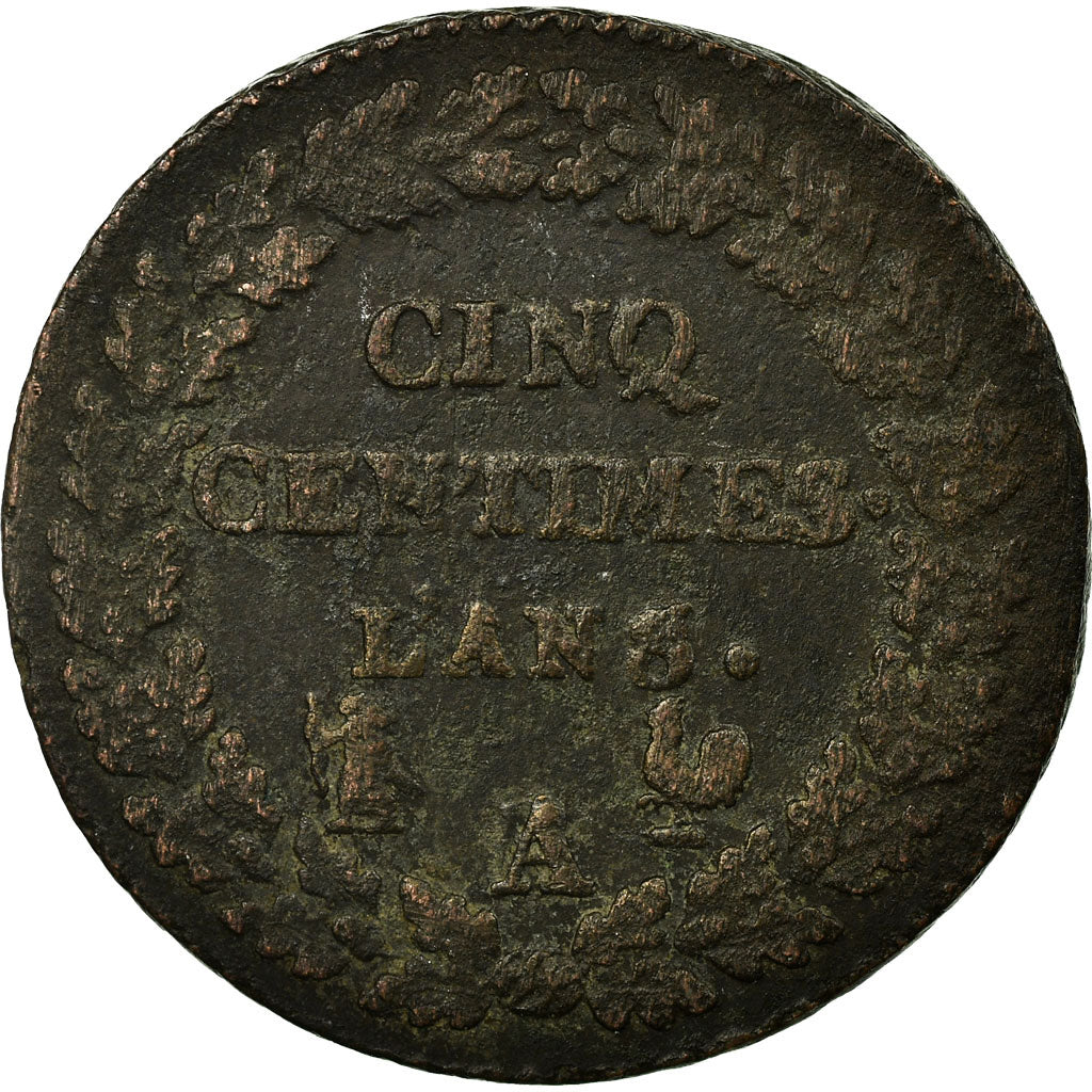 Moneta, Francja, Dupré, 5 Centimes, 1799, Paris, VF(30-35), Bronze, KM:640.1