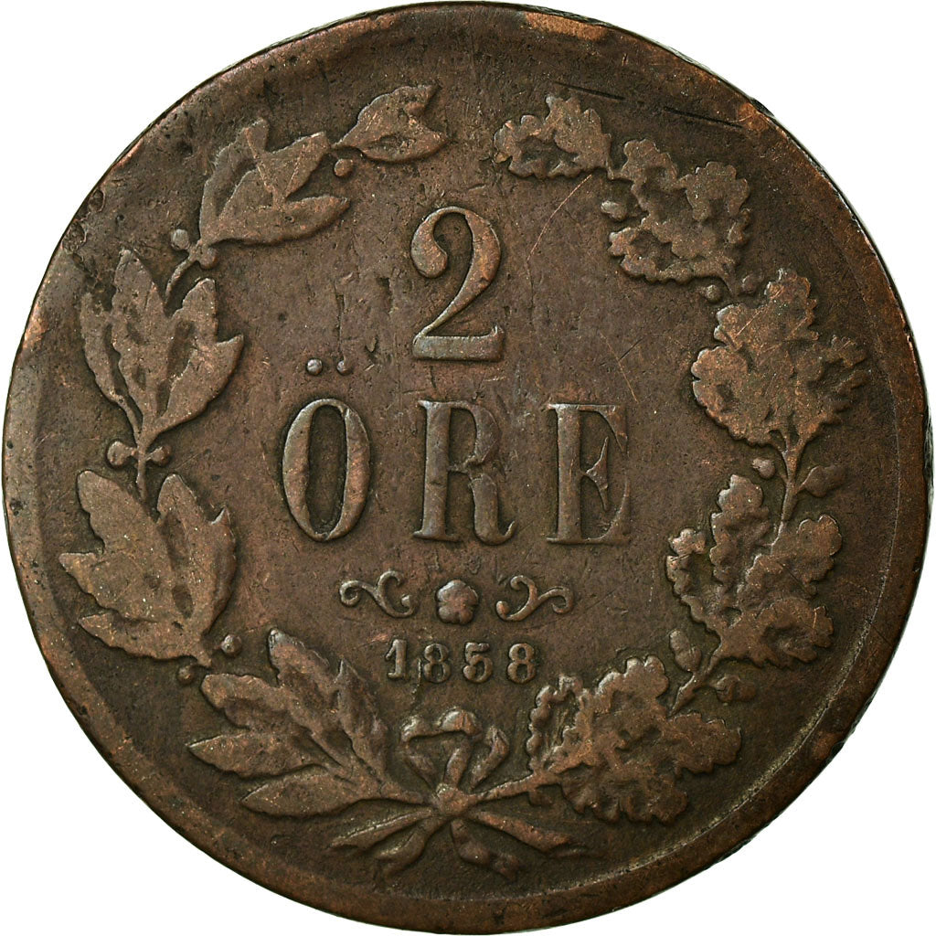 Coin, Sweden, Oscar I, 2 Öre, 1858, VF(30-35), Bronze, KM:688