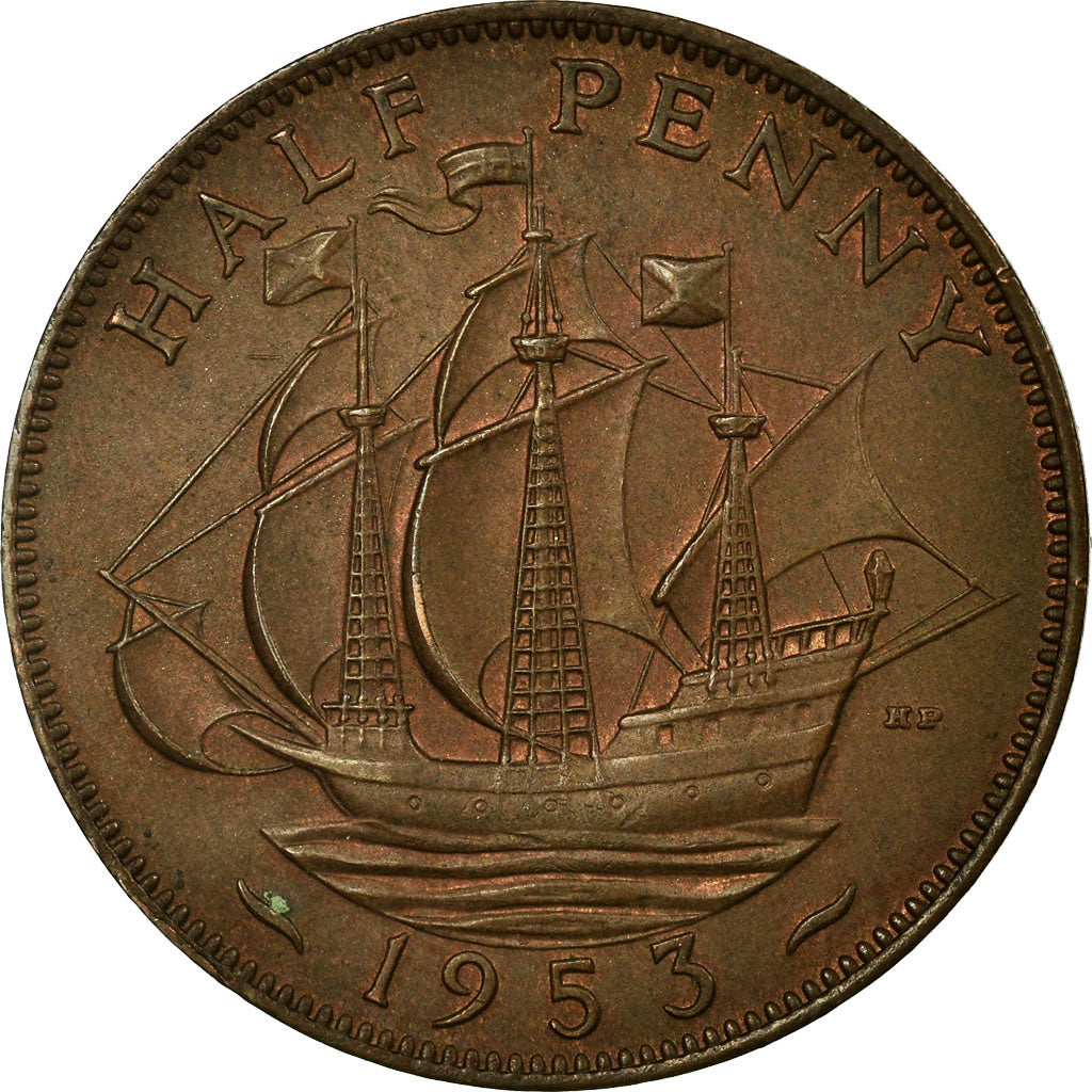 Coin, Great Britain, Elizabeth II, 1/2 Penny, 1953, VF(20-25), Bronze, KM:882