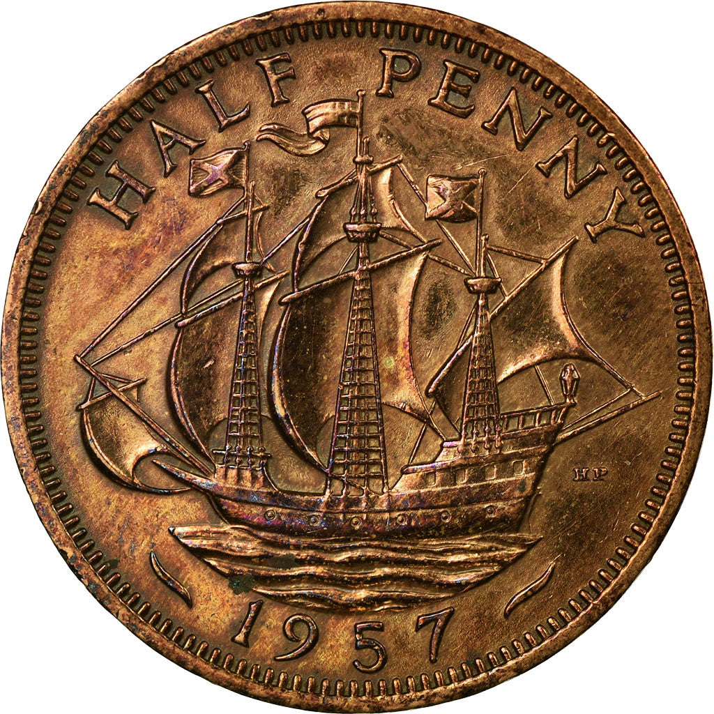 Moneta, Gran Bretagna, Elizabeth II, 1/2 Penny, 1957, MB+, Bronzo, KM:896