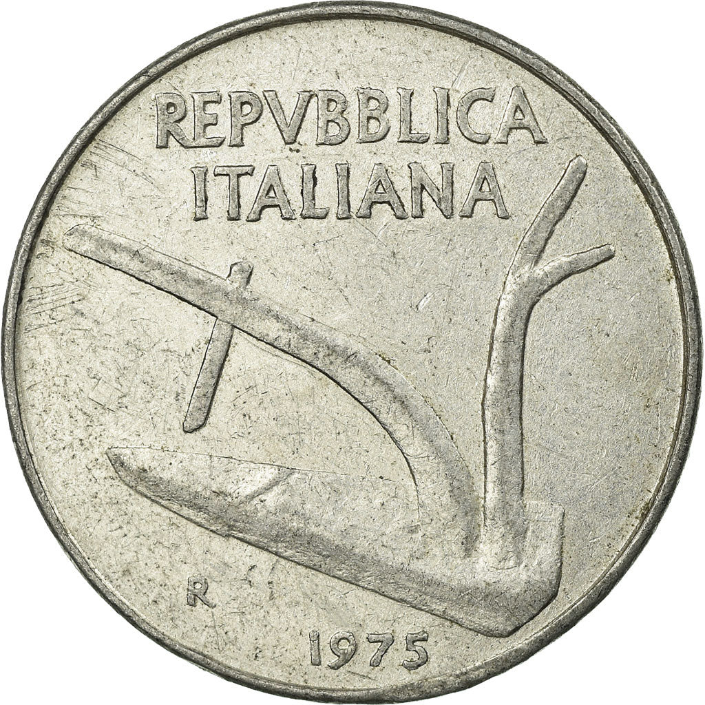 Coin, Italy, 10 Lire, 1975, Rome, VF(30-35), Aluminum, KM:93