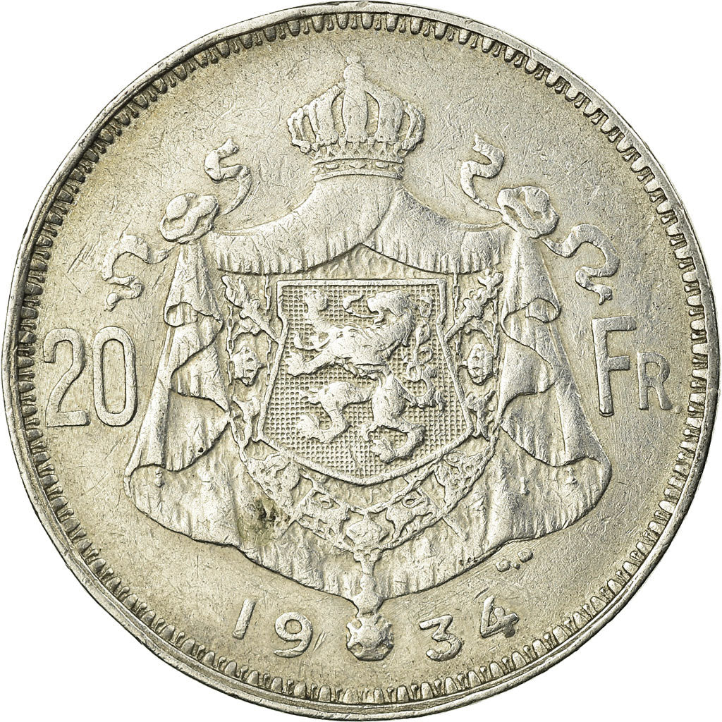 Coin, Belgium, 20 Francs, 20 Frank, 1934, EF(40-45), Silver, KM:103.1