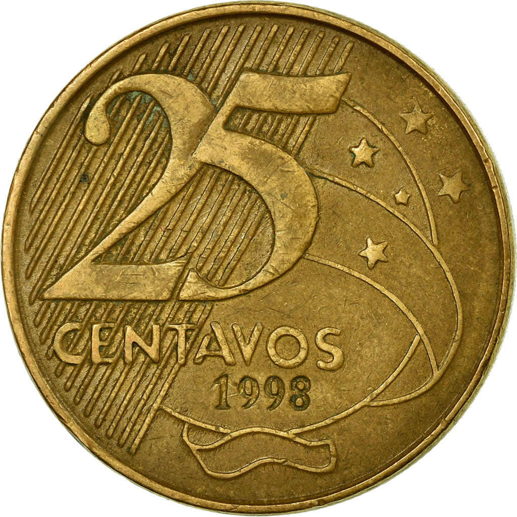 Münze, Brasilien, 25 Centavos, 1998, S+, Bronze Plated Steel, KM:650