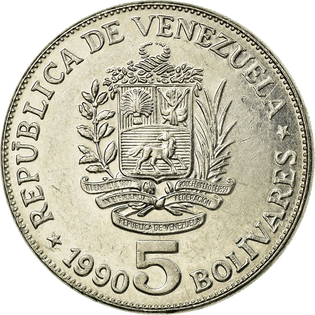 Münze, Venezuela, 5 Bolivares, 1990, SS, Nickel Clad Steel, KM:53a.3