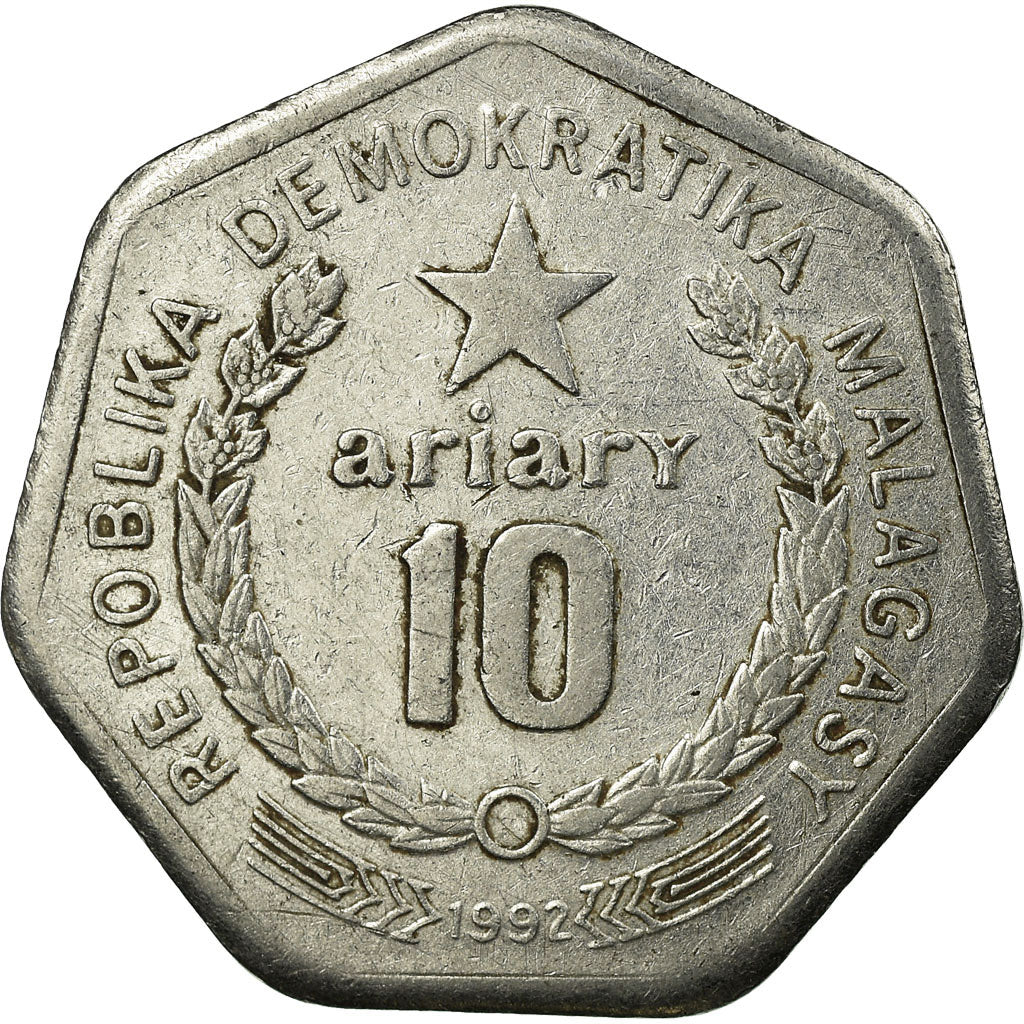 Moneta, Madagascar, 10 Ariary, 1992, Royal Canadian Mint, MB+, Acciaio