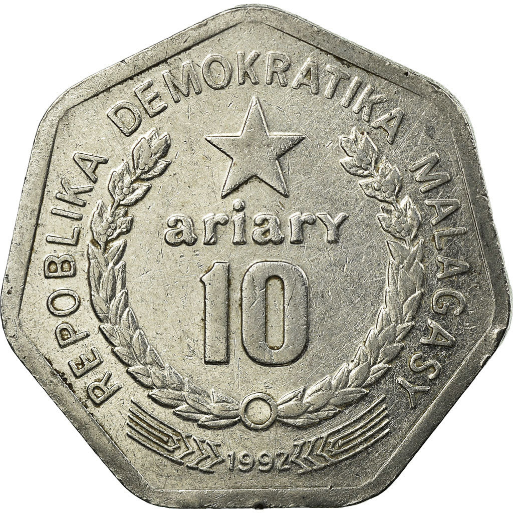 Moneta, Madagascar, 10 Ariary, 1992, Royal Canadian Mint, MB+, Acciaio