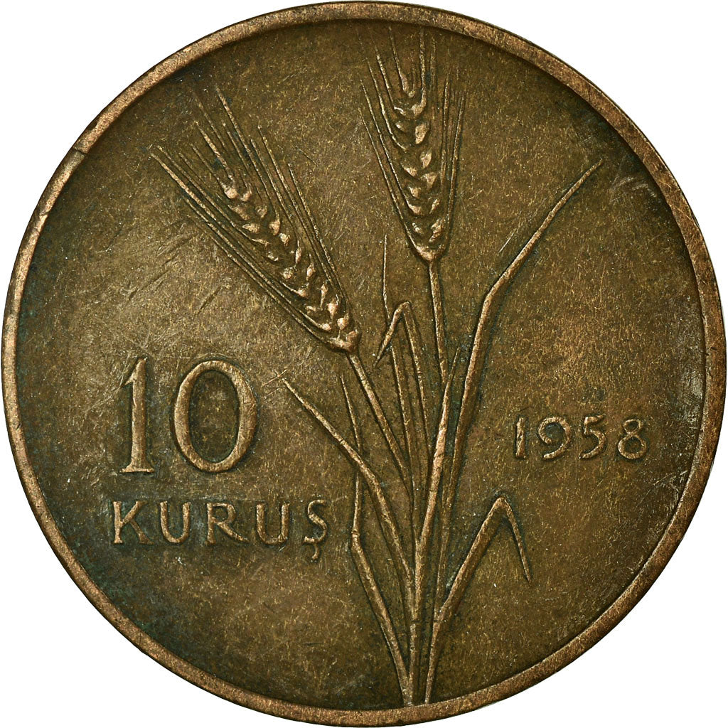 Moneta, Turchia, 10 Kurus, 1958, MB+, Bronzo, KM:891.1