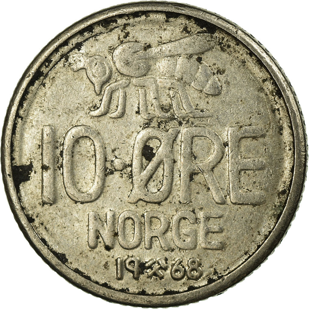 Moneda, Noruega, Olav V, 10 Öre, 1968, BC+, Cobre - níquel, KM:411
