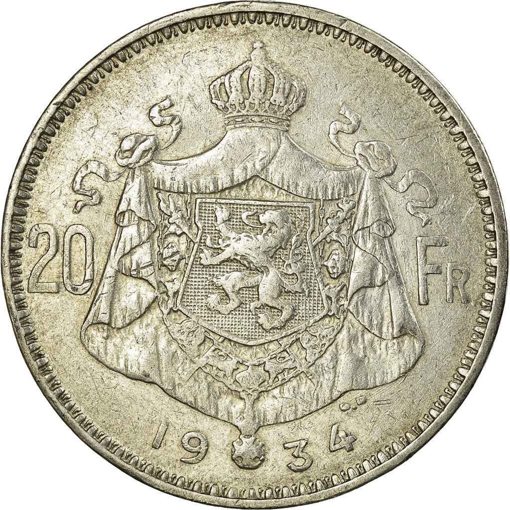 Coin, Belgium, 20 Francs, 20 Frank, 1934, EF(40-45), Silver, KM:103.1