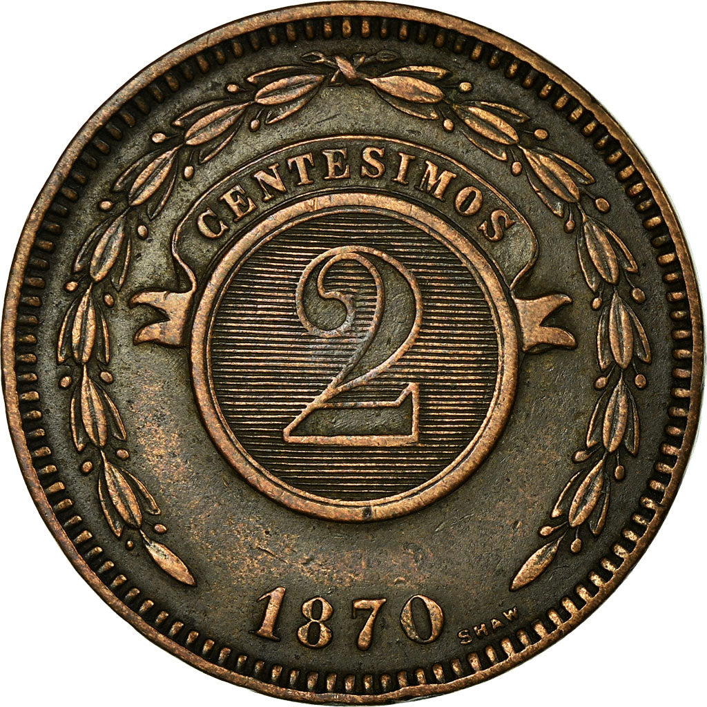 Moneda, Paraguay, 2 Centesimos, 1870, BC+, Cobre, KM:3