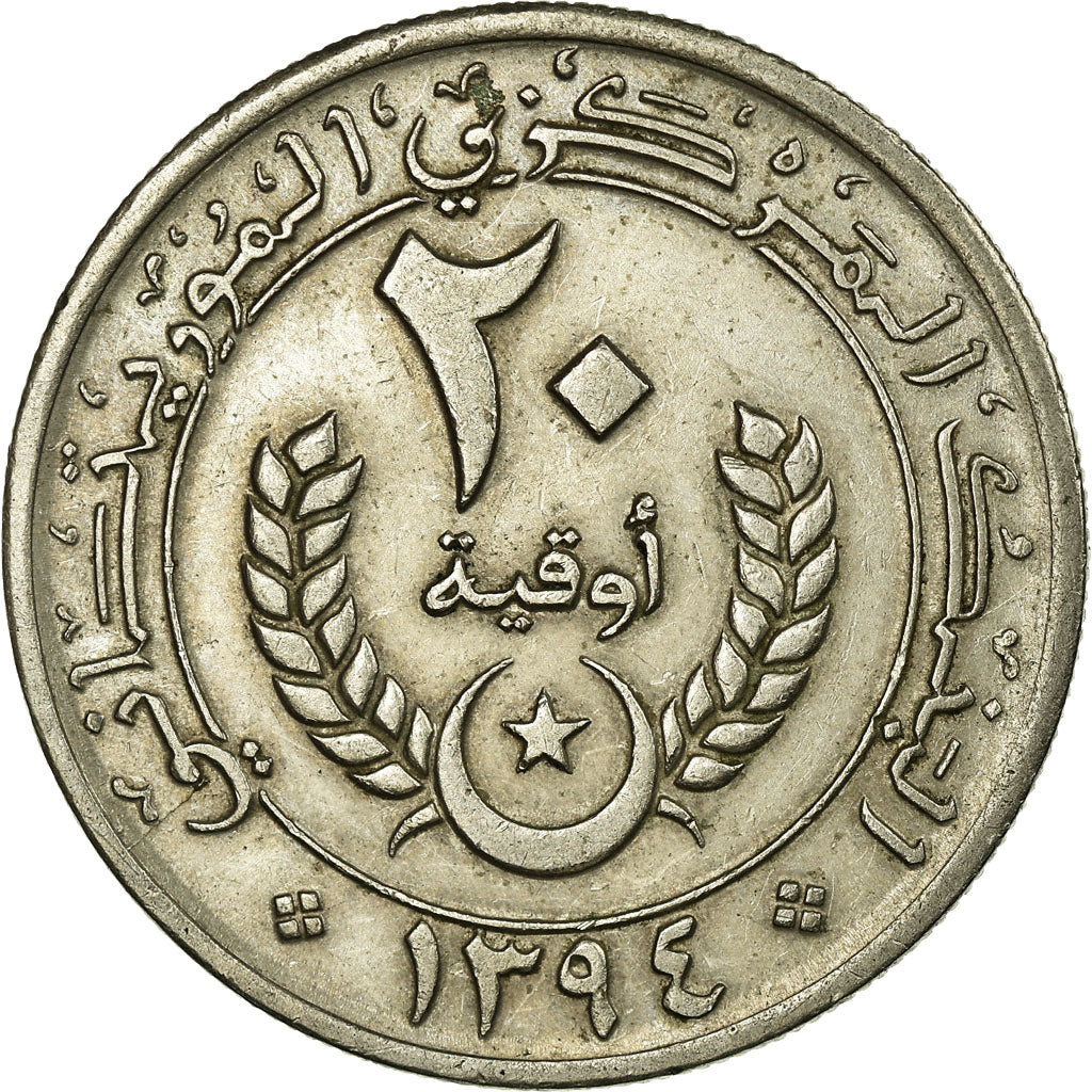 Coin, Mauritania, 20 Ouguiya, 1974, EF(40-45), Copper-nickel, KM:5