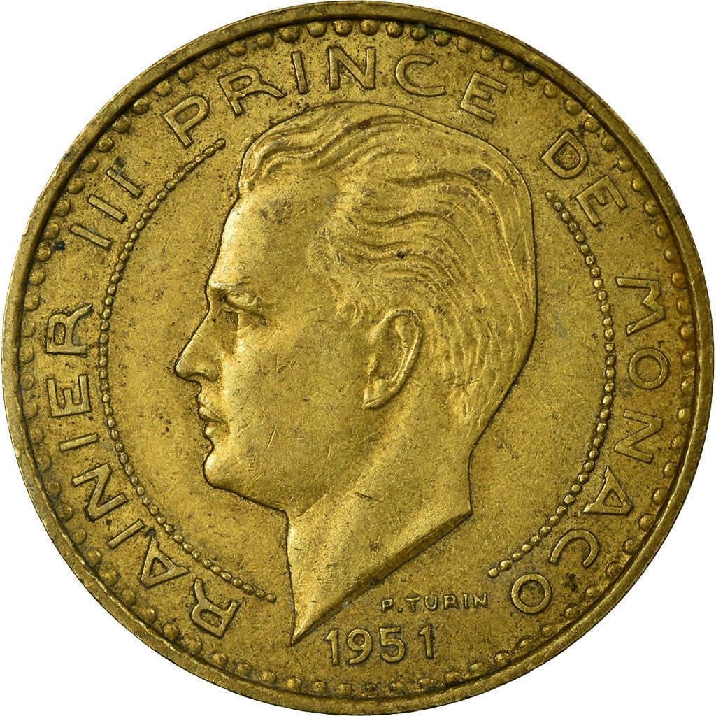 Coin, Monaco, Rainier III, 20 Francs, Vingt, 1951, VF(30-35), Aluminum-Bronze