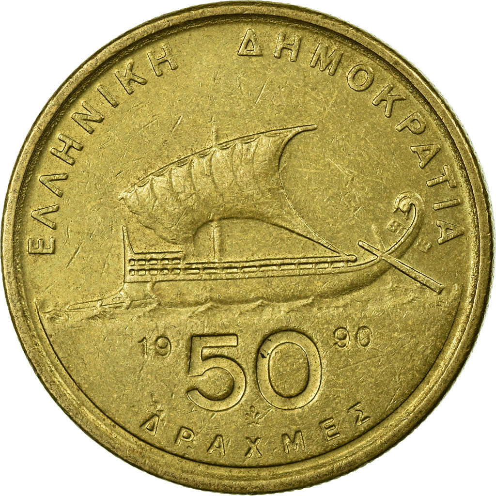 Moneta, Grecja, 50 Drachmes, 1990, VF(30-35), Aluminium-Brąz, KM:147