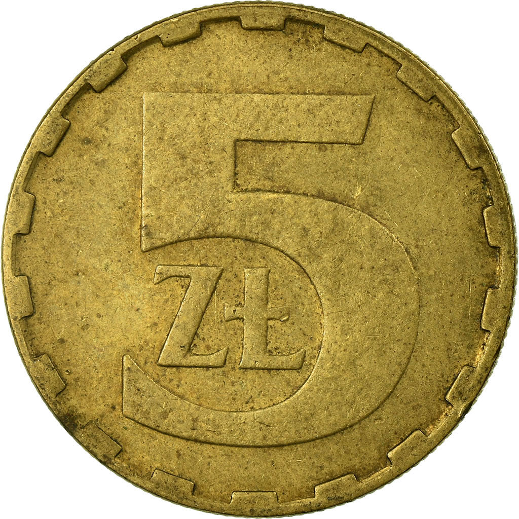 Moeda, Polónia, 5 Zlotych, 1987, Warsaw, VF(30-35), Latão, KM:81.2