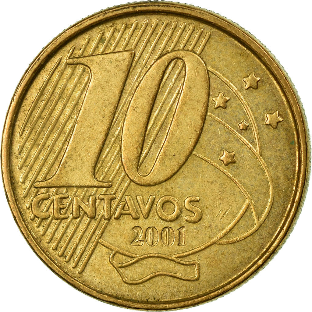 Moneda, Brasil, 10 Centavos, 2001, BC+, Bronce chapado en acero, KM:649.2