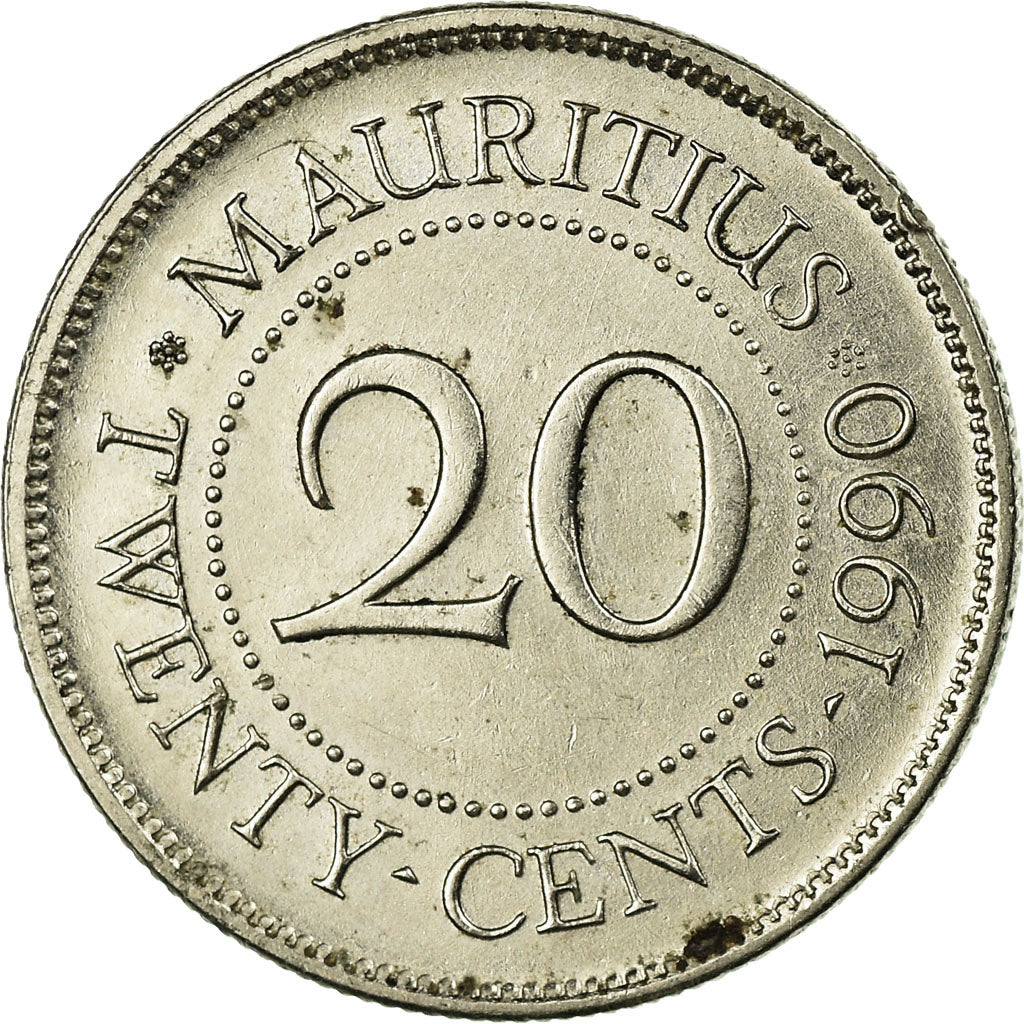 Coin, Mauritius, 20 Cents, 1990, VF(30-35), Nickel plated steel, KM:53