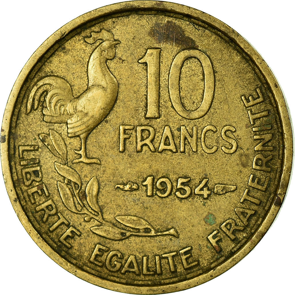 Moeda, França, Guiraud, 10 Francs, 1954, Paris, VF(30-35), Alumínio-Bronze